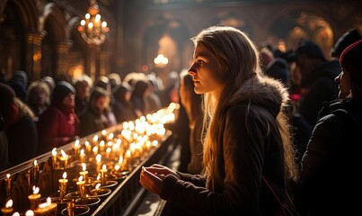 Woman Standing in Front of Row of Candles - obrazy, fototapety, plakaty