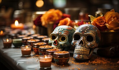 Table With Candles and Skulls - obrazy, fototapety, plakaty