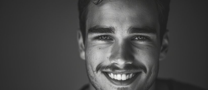 A man with a mustache is flashing a toothy smile in a black and white photo, exuding happiness. His jawline and beard add to his charming gesture, reminiscent of a classic movie star - Powered by Adobe