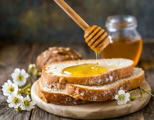 golden honey pouring on a crust of bread on a rustic table