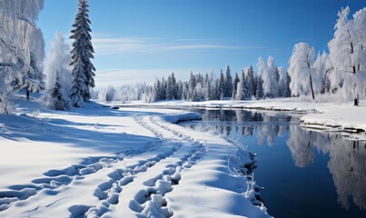 Snowy River With Tracks in the Snow - obrazy, fototapety, plakaty
