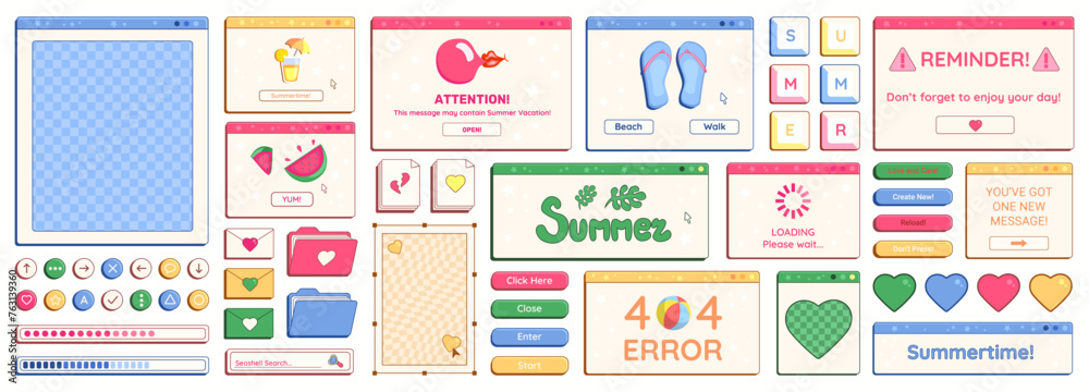 Fototapete set of y2k summer theme retro computer windows, buttons, messages and other holiday and vacation int