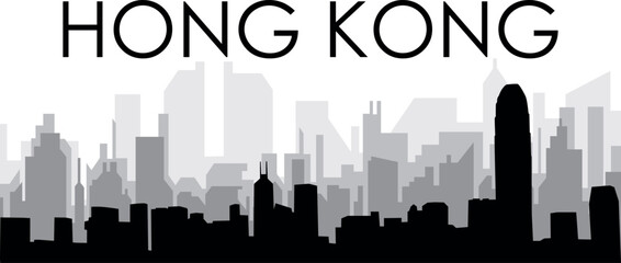 Fototapeta premium Black cityscape skyline panorama with gray misty city buildings background of HONG KONG, CHINA