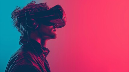 Man with VR Glasses Looking Up on simple gradient background.