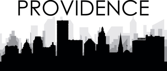 Naklejka premium Black cityscape skyline panorama with gray misty city buildings background of PROVIDENCE, UNITED STATES