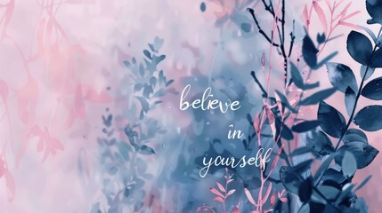 Background with painted leaves, pink and blue colored. Believe in yourself calligraphy lettering - obrazy, fototapety, plakaty