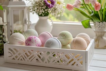 Obraz na płótnie Canvas Multiple bath bombs arranged in a white decorative basket, showcasing a range of scents and colors