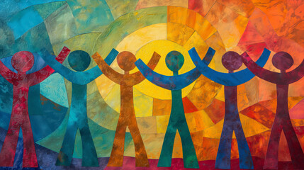 Painted Vibrant figures unite in a display of solidarity, embodying inclusive business principles rooted in dignity and respect for every individual