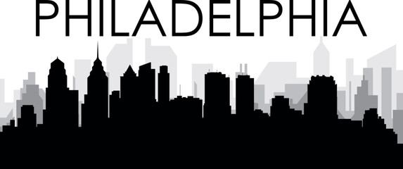Obraz premium Black cityscape skyline panorama with gray misty city buildings background of PHILADELPHIA, UNITED STATES