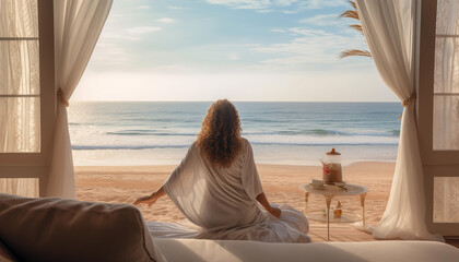 Life balance and summer holiday vacation concept with happy woman taking a break or relax on sunset...