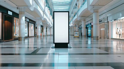 A blank white vertical stand up poster display in the middle of an indoor shopping mall with dining