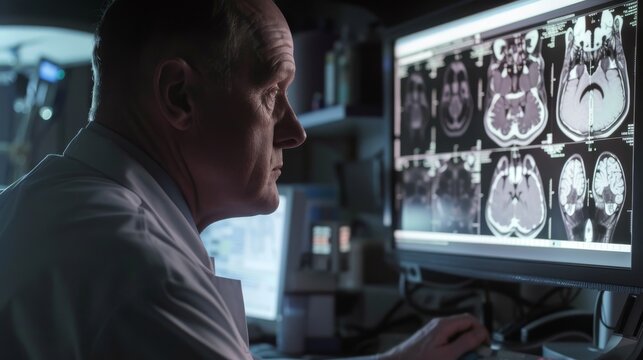 Man Analyzing Imaging Scans on High-Resolution Monitor