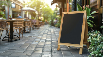 Empty black menu board mockup near restaurant or cafe entrance.