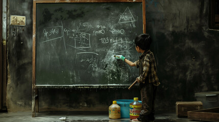 A kid cleaning the blackboard