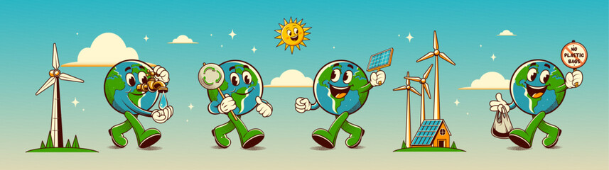 Obraz premium Stickers in trendy retro style. Сaring for the environment. Earth day concept. Walking happy cute Save Earth planet character mascot. Vector illustration 