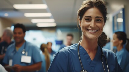 Smiling Nurse in Scrubs Faces Camera - obrazy, fototapety, plakaty