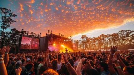 Energetic Crowd Raises Hands at Sunset Concert