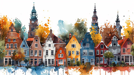 Watercolor Touristic postcard, view of dutch houses