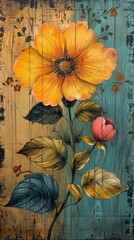 A detailed painting featuring a vibrant yellow flower set against a calming blue background