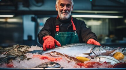 Fishmonger at market showcasing fresh catches focuses on seafood freshness - obrazy, fototapety, plakaty