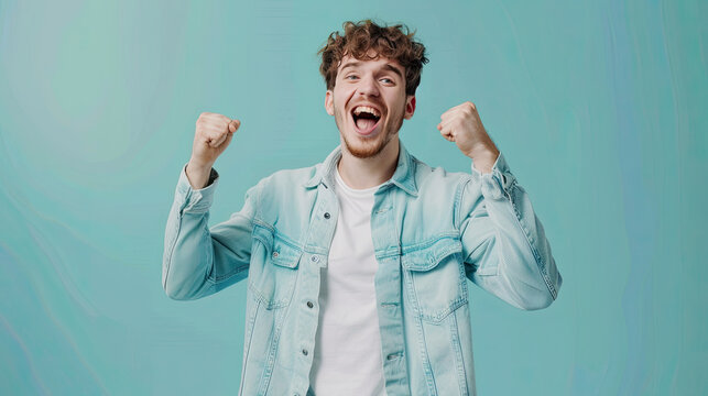 Winning success man happy celebrating being a winner. Dynamic energetic image of male model on pastel blue background