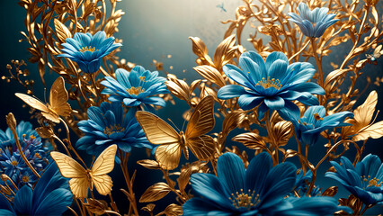 Beautiful background with blue flowers and golden butterflies