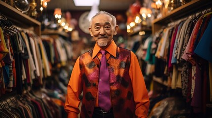 Fototapeta premium Vintage clothing store owner among retro fashion capturing 60s to 80s style