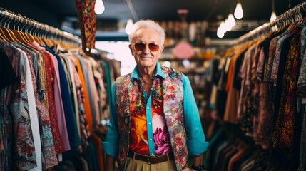 Fototapeta premium Vintage fashion highlighted by store owner amidst 1960s to 1980s attire