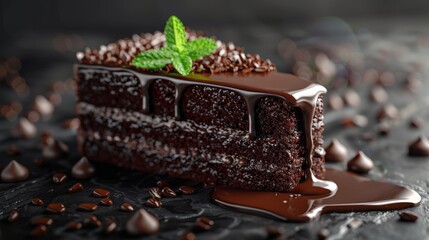 Decadent chocolate cake slice with velvety ganache drizzle and fresh mint garnish for gourmet indulgence - obrazy, fototapety, plakaty