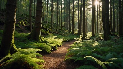 Path in a green forest with fog and ferns at sunrise - obrazy, fototapety, plakaty
