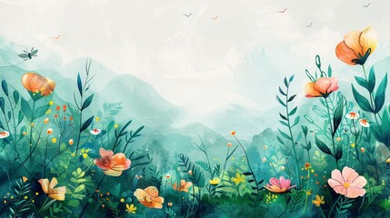 A painting showcasing colorful flowers and lush grass under a clear sky background, capturing the essence of a vibrant outdoor scene