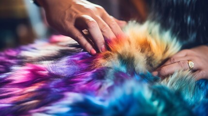 Fur artisan dyeing pelts in colors showing fur's artistic fashion possibilities - obrazy, fototapety, plakaty