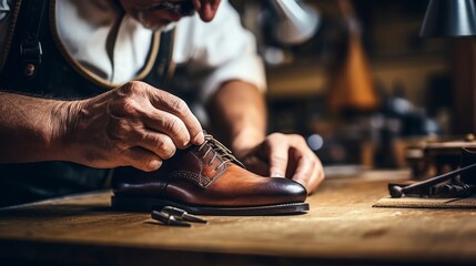 Artisan shoemaker crafts leather shoe showcasing shoemaking artistry