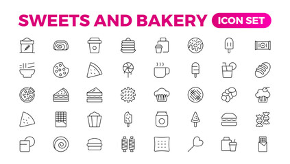 Sweets & Bakery icon set. Food icon collection. Containing meal, restaurant, dishes, and fruit icons. Set of outline icons related to food and drink. Linear icon collection. Outline icon collection.