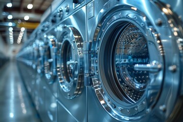 A row of shiny industrial washing machines stands ready for use in a clean, well-lit laundry facility
