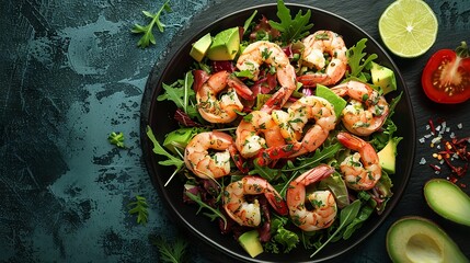 Top-View Minimalist Avocado and Shrimp Salad on Black Slate Platter

