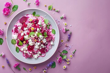 Top-View Minimalist Beetroot and Goat Cheese Salad on Lavender Porcelain Dish

 - obrazy, fototapety, plakaty