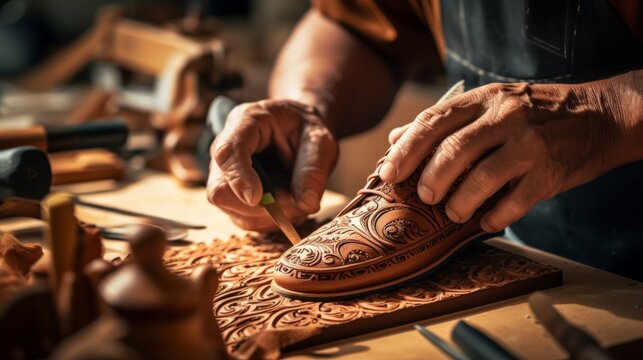 Shoemaker carves patterns into leather emphasizing artistic shoemaking skills