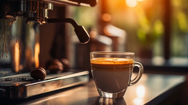 A modern coffee machine crafting two cups of espresso with a warm ambient light in the background enhancing the cozy coffee moment
