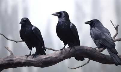 Obraz premium Three black crows on the tree branch in the forest.