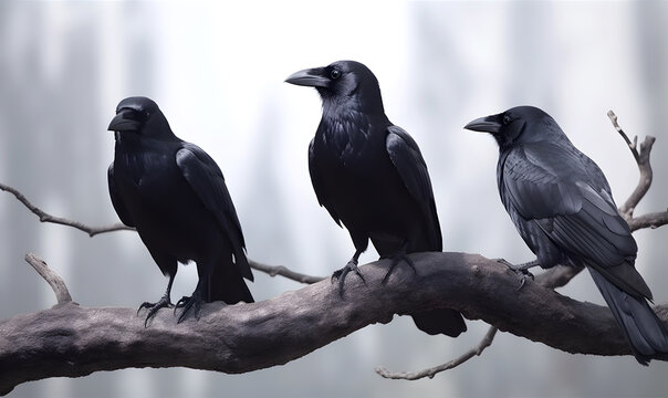 Three black crows on the tree branch in the forest.