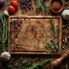Top-View Rustic Kitchen Board with Assorted Spices on Table

