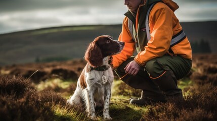 Trainer in countryside with Cocker Spaniel focusing on scent tracking skills - obrazy, fototapety, plakaty