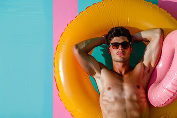Portrait of a young man relaxing with a rubber swimming pool ring on summer vacation