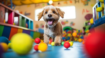 Dog trainer supervises playtime at daycare group of dogs with toys