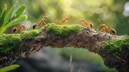 Collaborative effort, ant colony building a bridge. Generative Ai
