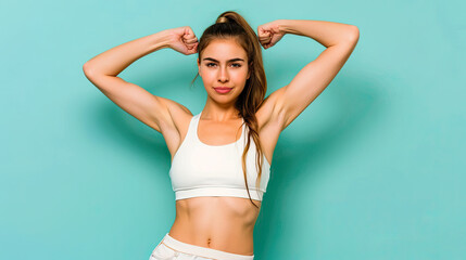Obraz premium Young caucasian fitness woman doing sport isolated showing strength gesture with arms on pastel blue background