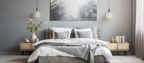 A comfortable bedroom in a house with a bed, nightstands, and a painting on the wall, all within an elegant interior design scheme