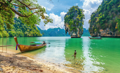 Fototapeta na wymiar The breathtaking island of Phuket, Thailand with its iconic James Bond beach and traditional longtail boats