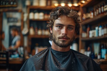 Fototapeta premium A young man with curly hair sits in a barbershop with styling products in the background, gazing at the camera